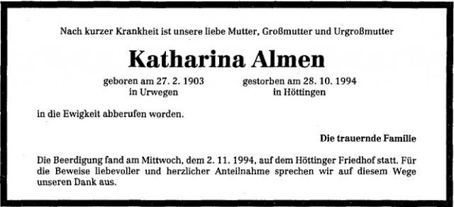 Schuster Katharina 1903-1994 Todeanzeige